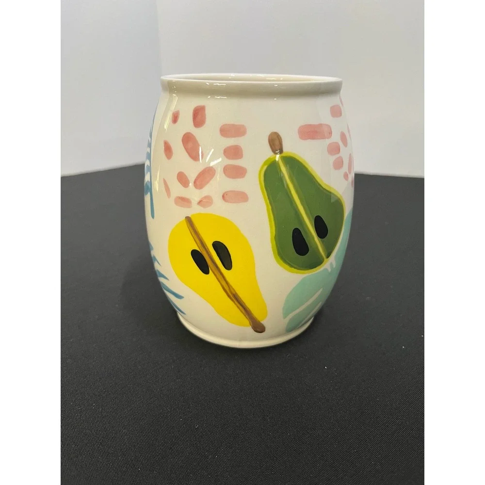 Vintage Inspired Hand Painted Ceramic Fruit Vase Whimsical Pear Motif Green